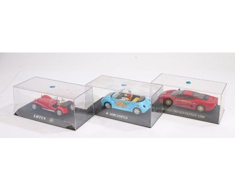 Scalextric cars, Jaguar Range Presentation 1999, New VW Beetle, Lotus, all boxed (3)Lotus with damage to clear plastic cover,