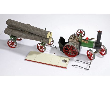 Mamod Steam Tractor in green, including a lumber wagon with three logs 