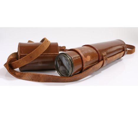 British military three drawer brass telescope with leather cover and outer case, marked B.C Ltd, Tel.Sct.Regt.MK II s, no. 69