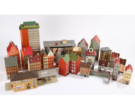 Collection of Faller track side model buildings, to include Dutch style houses, tower block, shops etc. (qty) Some buildings 