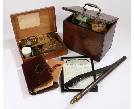 Collection of gun cleaning tools, together with slugs, caps, tins, oak pistol case, etc, (qty)