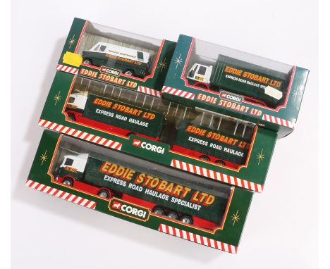 Four Corgi Eddie Stobart Ltd 1:50 scale die cast model vehicles, consisting of 59601 Ford cargo box van, 59516 Volvo short wh