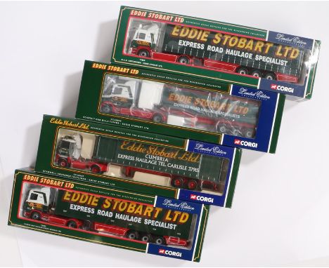 Four Corgi Eddie Stobart Ltd limited edition 1:50 scale die cast model vehicles, consisting of 76602 Scania box trailer, CC12