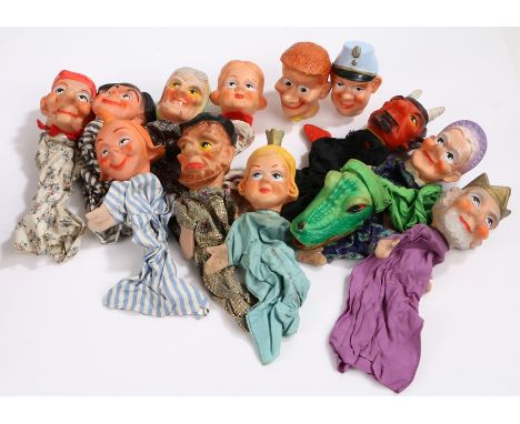 German Kasperle theatre puppets, circa 1962, to include king, queen, witch, devil and crocodile, with fabric clothing (13)One