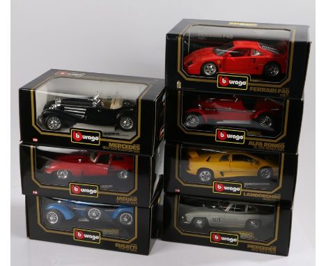 Bburago die cast metal 1/18 scale model cars, consisting of Ferrari F40 (1987), Mercedes Benz 300Sl (1954), Jaguar "E" Coupe 