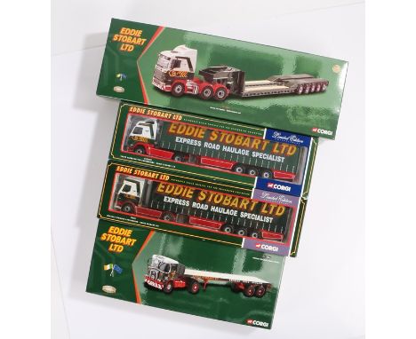 Four Corgi Eddie Stobart Ltd limited edition 1:50 scale die cast model vehicles, consisting of CC12203 Scania low loader, CC1