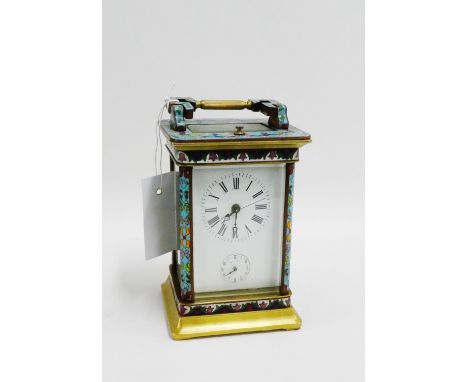 Cloisonne and brass repeater carriage clock with Roman numerals and subsidiary dial, height overall 20cm 
