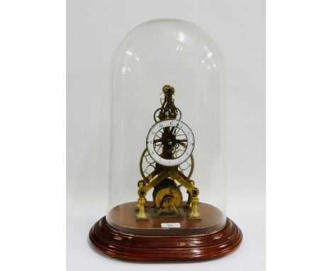 Brass skeleton clock, the enamelled chapter ring signed Franz Denk Wien, with fusee movement and glass dome, 35cm high exclud