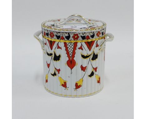 Victorian twin handled porcelain tea caddy and cover of cylindrical form painted with flowers and foliage and with gilt highl
