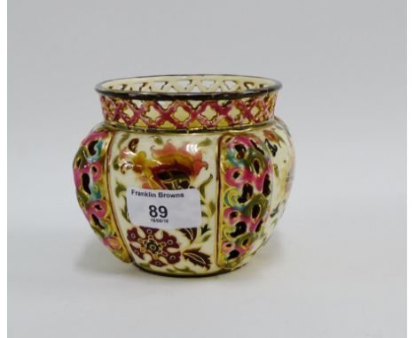 Zsolnay Pecs small vase with reticulated rim and Islamic inspired floral pattern with printed backstamps, 10cm high