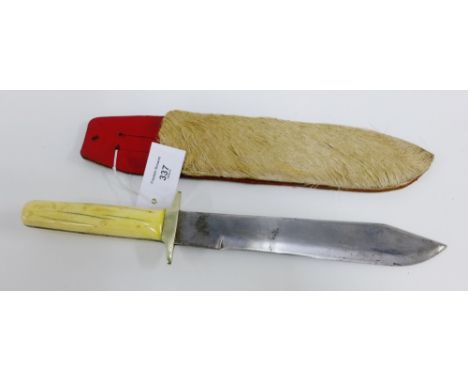 Bowie style knife with steel blade and marine ivory handle, with seal skin scabbard, blade length 27.5cm 