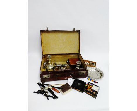 A mixed lot to include a vintage brown leather case containing Epns candlesticks, costume jewellery and wristwatches (a lot) 