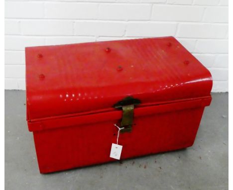 Vintage red painted metal storage trunk with brass clasp fitting, 58cm long