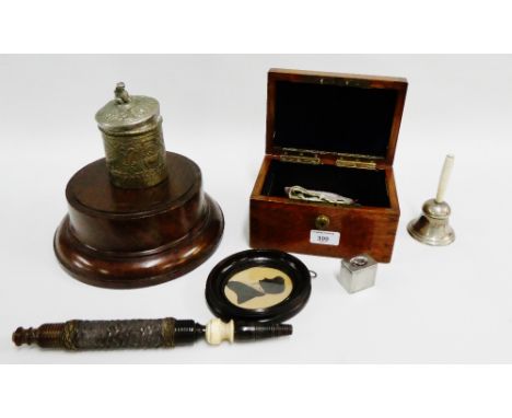 Mixed lot to include an early 20th century oak box containing a framed silhouette, white metal box and cover, vintage handbag
