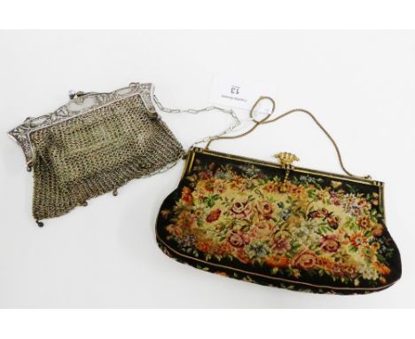 Silver mounted chain purse handbag together with a vintage embroidered handbag (2) 
