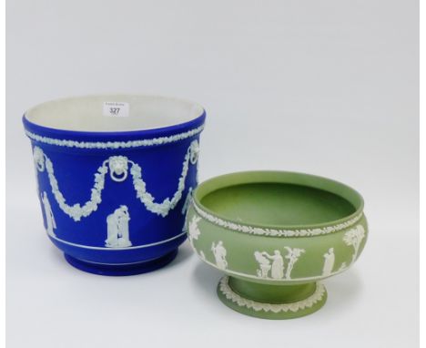 Wedgwood blue and white Jasperware planter, together with a green Jasper bowl, (2) 