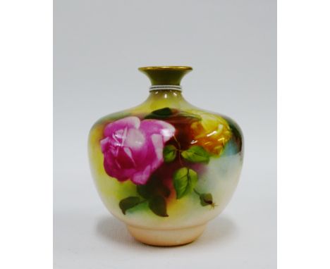 Royal Worcester porcelain miniature vase hand painted in pink and yellow roses with puce backstamp and numbered 2491, 9cm hig