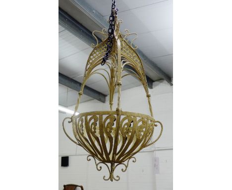 Vintage cream painted wrought iron hanging garden basket together with a wall bracket, 90cm long