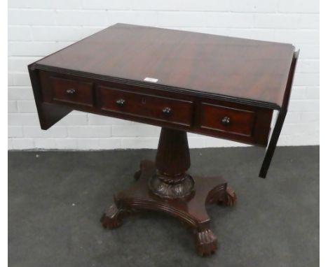 Contemporary mahogany sofa  table with drop flaps and three small drawers, on fluted column and quadruple hairy paw feet, 74 