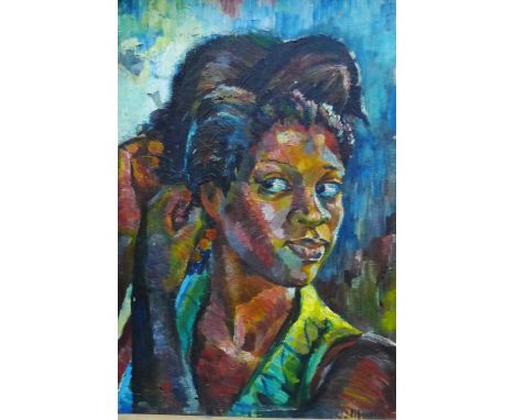 Cleve Mokgaii, Mid Century School 'Head and Shoulders Portrait of a Lady' Oil-on-Board,  signed and framed, inscribed verso a