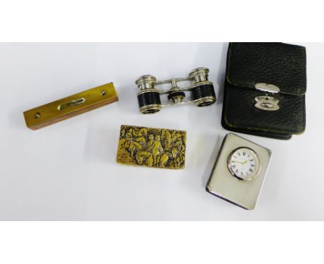 Mixed lot to include a vintage brass mounted spirit level, a pair of opera glasses, an embossed brass box and a Kitney & Co L