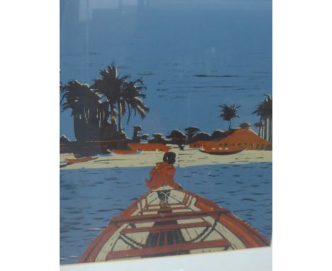 African School Coloured screen print of a Boat and Shoreline, in a glazed frame, 40 x 50cm