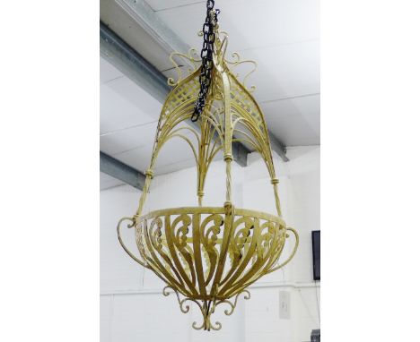 Vintage cream painted wrought iron hanging garden basket together with a wall bracket, 90cm long