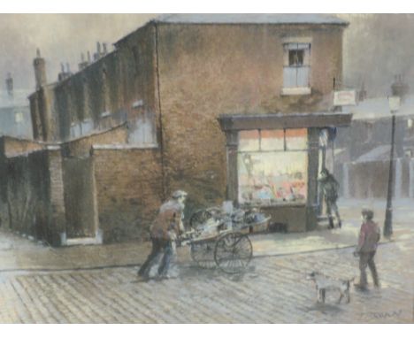 A pastel sketch, Tom Brown, Corner Shop, signed and attributed verso, 26 x 38cm, plus frame and glazed