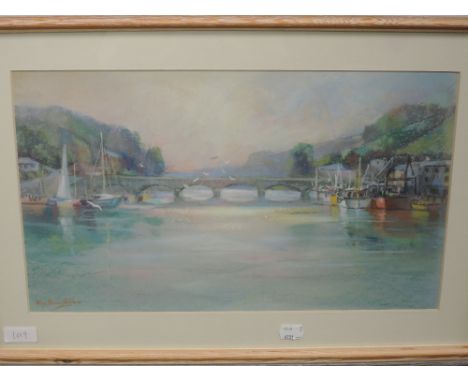 A  pastel sketch, Roy Stringfellow, Evening Light Looe, signed and attributed  verso, 26 x 43cm, plus frame and glazed