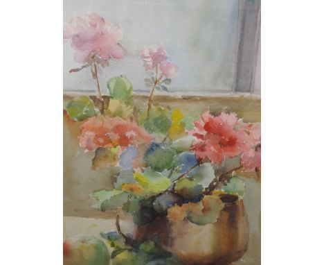 A watercolour, Connie Ashworth, Geranium, initialled, and attributed verso, 43 x 33cm, plus frame and glazed