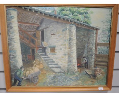 An oil painting, K Bate, barn workshop, signed and dated 1970, 40 x 50cm, plus frame