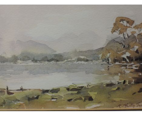 A watercolour, R Martin Tomlinson, Lake Windermere and the Langdales, signed, 15 x 24cm, plus frame and glazed