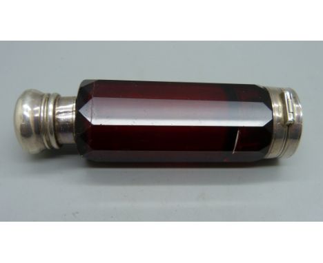 A Victorian ruby glass scent bottle/vinaigrette combination, scent top a/f 