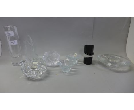 Eight continental glass candle holders including three Holmegaard, Denmark, three Orrefors Sweden, Pukeberg Sweden and Rosent