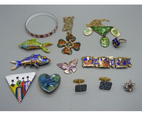 A Michaela Frey bangle, two enamelled articulated fish, other enamelled jewellery 