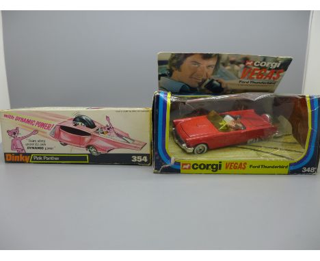 A Corgi Vegas Ford Thunderbird and a Dinky 354 Pink Panther, boxes a/f 