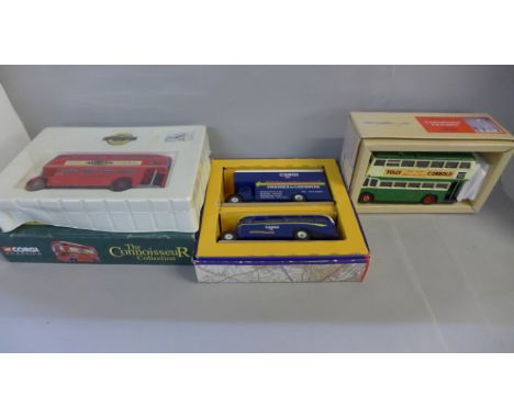 Three Corgi buses, boxed with certificate 
