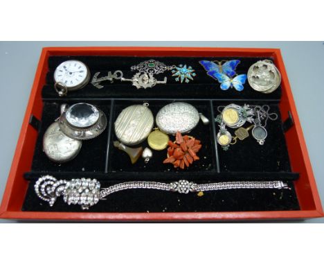 A collection of jewellery and a silver fob watch, including a rock crystal brooch, a Victorian silver locket, a/f, two other 