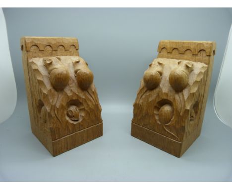 Workshop of Robert 'Mouseman' Thompson, (Kilburn), a pair of English oak triple mice bookends 