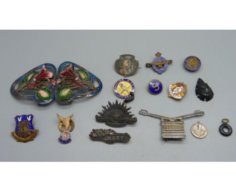 An enamel buckle, a Victorian silver name brooch, Mary, a hallmarked silver canal lock brooch, badges, etc. 