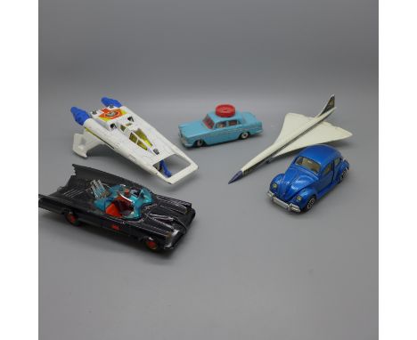 Four Corgi and one Dinky Toys models including Batmobile and Concorde 