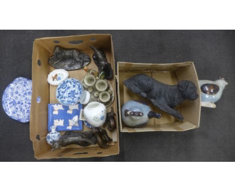 Dog figures, blue and white china, two ceramic hens, etc. 