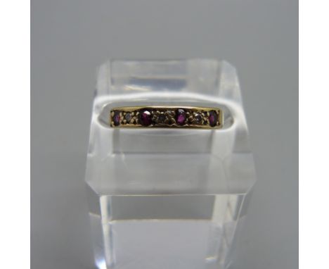 A 9ct gold, ruby and diamond half-eternity ring, 2.4g, P 