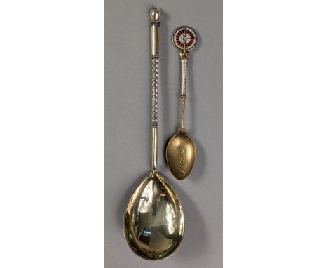 A Russian 84 standard gilt spoon with pear-shaped bowl &amp; writhen stem, 20cm long; &amp; an 800 standard gilt &amp; colour