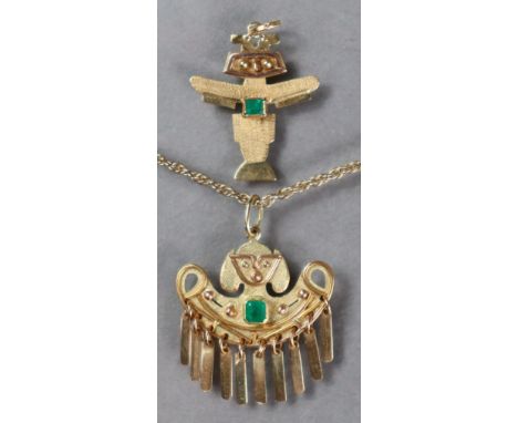 A yellow metal small aztec-style pendant set square-cut emerald marked “18K” on 9ct gold fine-link rope-twist necklaces; &amp