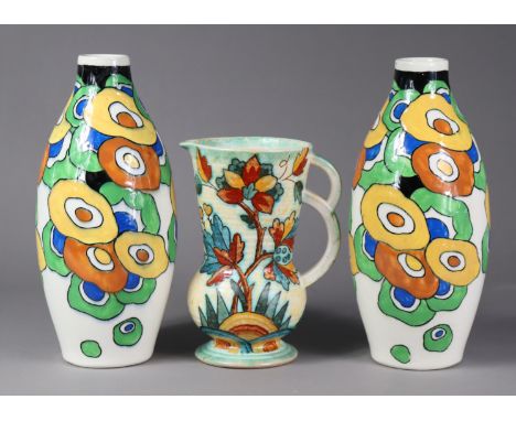 A pair of Art Deco Keramis pottery slender ovoid vases with brightly-coloured stylised floral decoration, 26.5cm; &amp; a Cro