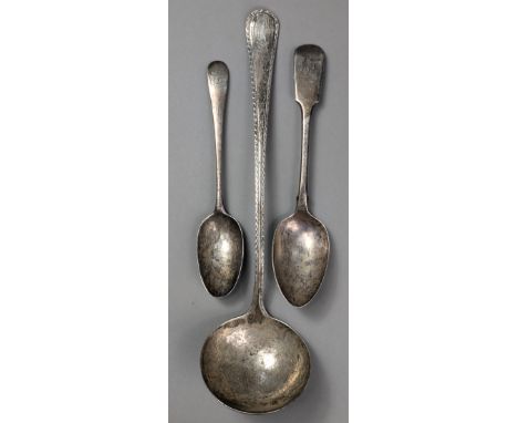 A Victorian silver Old English bright-cut soup ladle with circular bowl, 34.3cm, Birmingham 1877 by Frederick Elkington (8oz)