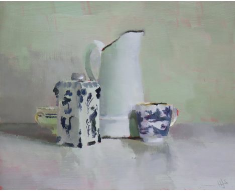 HELEN J. SIMMONDS (b. 1962) “Still life with Chinese tea caddy and cup”, Signed with monogram, inscribed &amp; dated 2018 ver