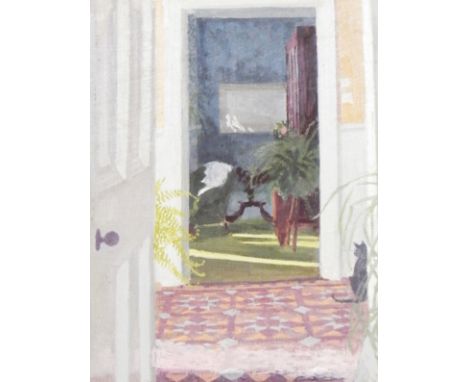 K Ray (20th century) Oil on board View of an interior through a doorway with a cat lower right, signed lower right, 25.5cm x 