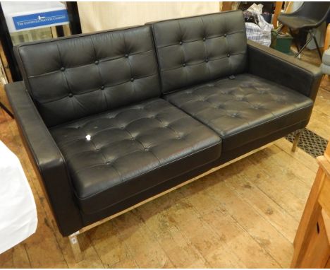 Knoll-style black leather and chrome two-seater settee, square-backed with button upholstery, on straight square supports 